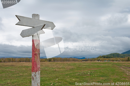 Image of Empty wooden road pointer