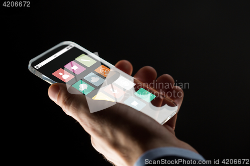 Image of close up of businessman hand with glass smartphone