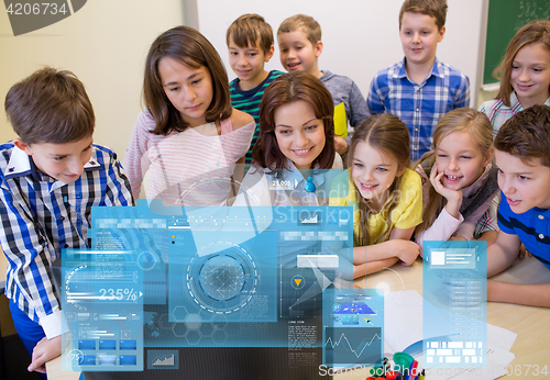 Image of group of kids with teacher and computer at school