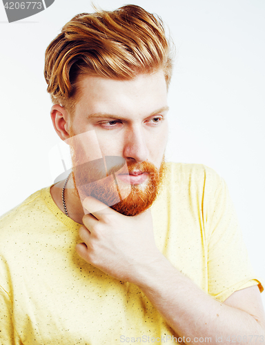 Image of portrait of young bearded hipster guy smiling on white background close up isolated, lifestyle real modern people concept