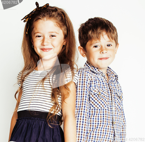 Image of little cute boy and girl hugging playing on white background, happy family smiling twins