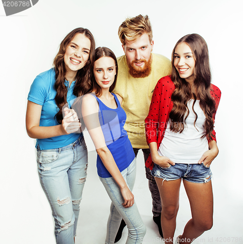 Image of company of hipster guys, bearded red hair boy and girls students having fun together friends, diverse fashion style, lifestyle people concept isolated on white background