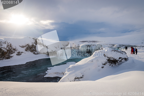 Image of Godafoss waterfall in Iceland during winter