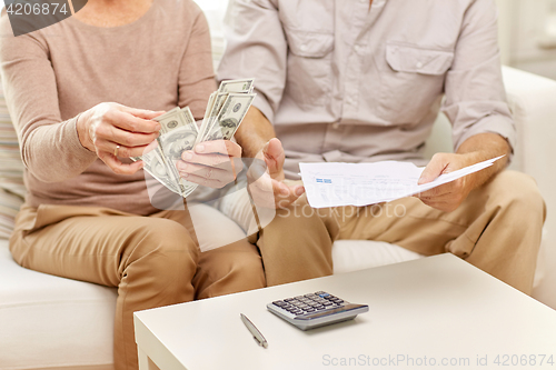 Image of senior couple with money and calculator at home