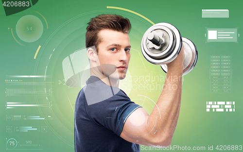 Image of sportive young man with dumbbell