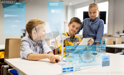 Image of kids with tablet pc programming at robotics school