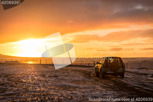 Image of SUV car during sunset in Iceland