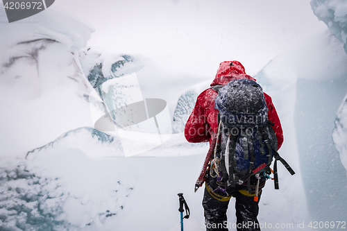 Image of A person during snow storm at Eyjafjallajokull glacier