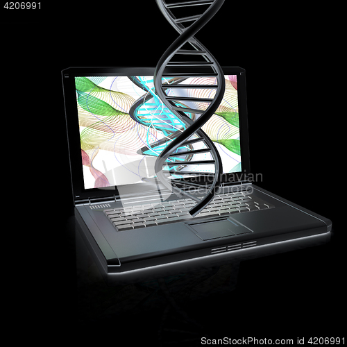 Image of Laptop with dna medical model background on laptop screen. 3d il