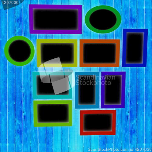 Image of Mock up picture frames on wood wall. 3d illustration