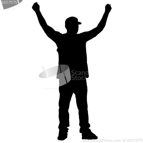 Image of Black silhouettes man with arm raised. illustration