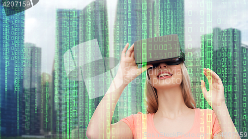 Image of woman in virtual reality headset or 3d glasses