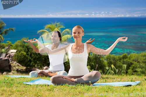 Image of smiling couple making yoga exercises outdoors