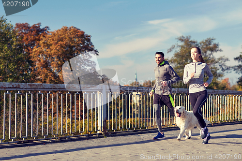 Image of happy couple with dog running outdoors