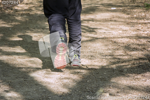 Image of Man walking cross country and trail in forest