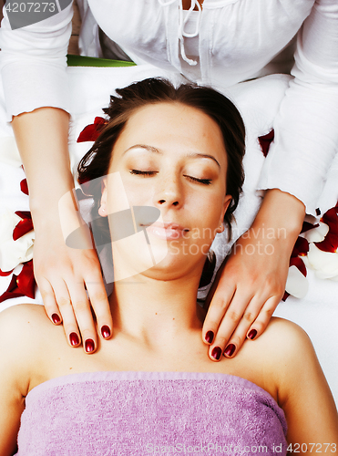 Image of stock photo attractive lady getting spa treatment in salon, heal