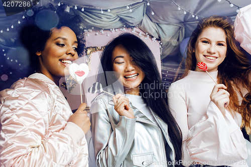 Image of Lifestyle and people concept: young pretty diversity nations woman with different age children celebrating on birth day party together happy smiling, making selfie. African-american, asian and caucasi