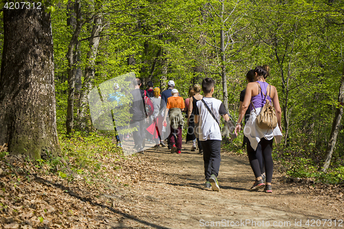 Image of Group of people walking by hiking trail