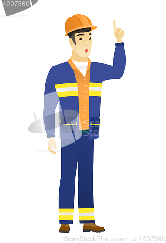 Image of Builder with open mouth pointing finger up.