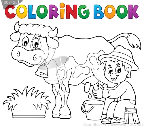 Image of Coloring book farmer milking cow