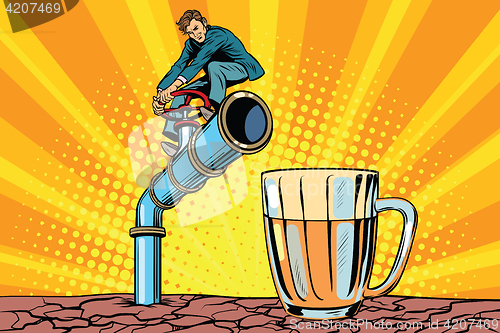 Image of Retro businessman opens a faucet pipe for beverage