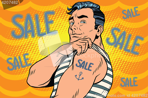Image of Sailor with sale tattoo on hand