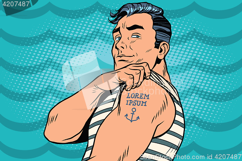 Image of Sailor with Lorem ipsum tattoo on hand