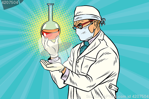 Image of Scientist in mask analyzes laboratory flask with liquid