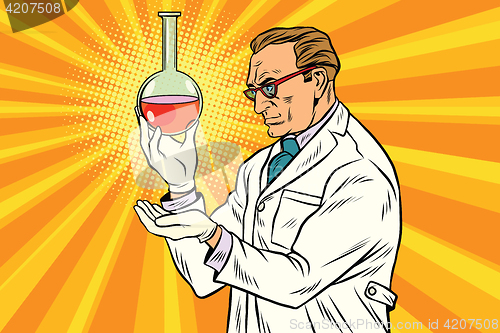 Image of Scientist chemist analyzes laboratory flask