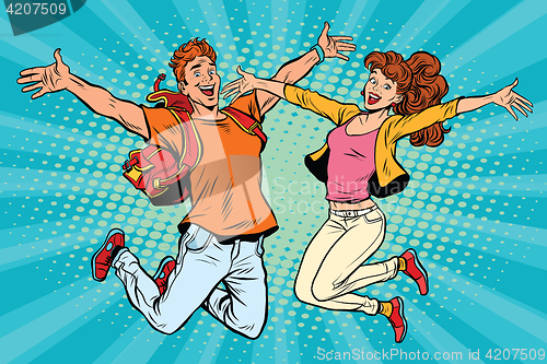 Image of Love couple young man and woman jumping
