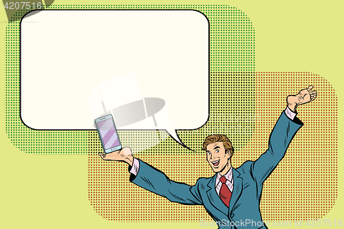 Image of Feet instead of hands, a businessman with smartphone
