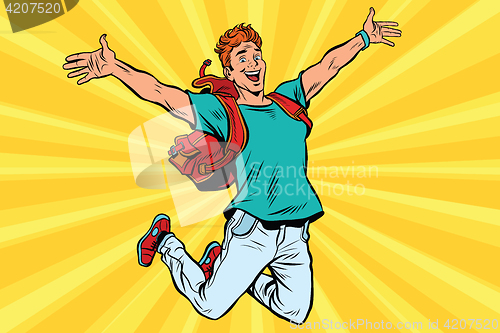 Image of Young man jumping for joy