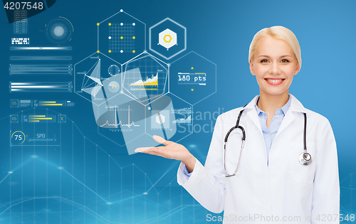 Image of happy doctor with stethoscope and charts over blue
