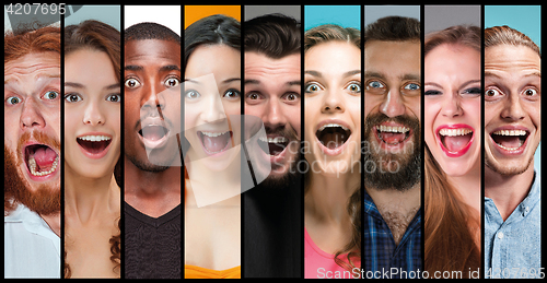 Image of The collage of young women and men smiling face expressions