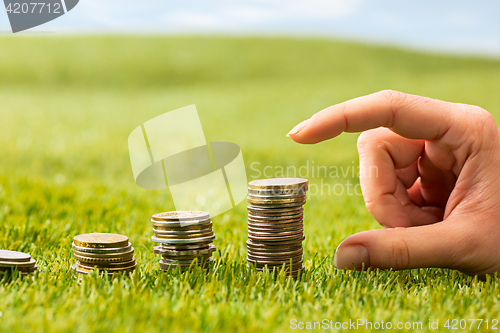 Image of The columns of coins on grass