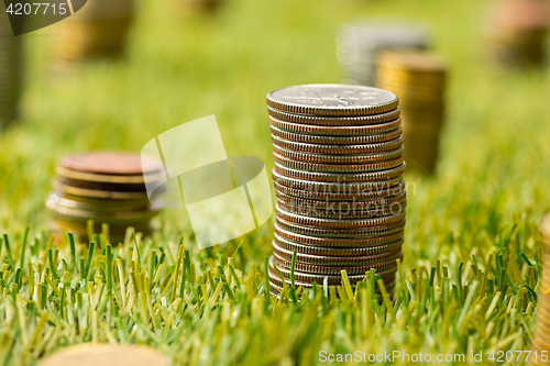 Image of The columns of coins on grass