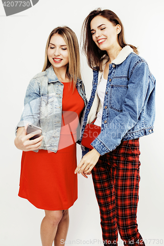 Image of best friends teenage girls together having fun, posing emotional on white background, besties happy smiling, lifestyle people concept