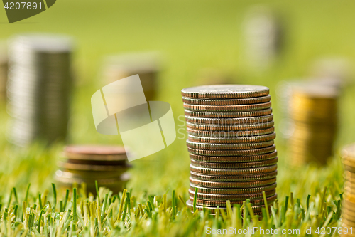 Image of The columns of coins on grass