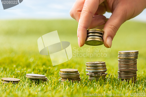 Image of The columns of coins on grass