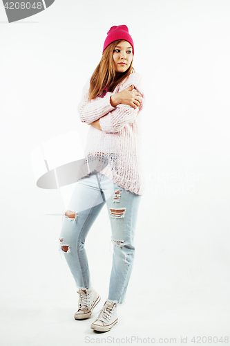 Image of young pretty teenage hipster girl posing emotional happy smiling on white background, lifestyle people concept 