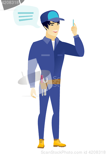 Image of Young asian mechanic with speech bubble.