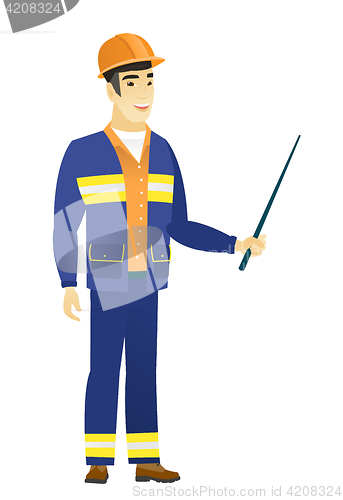 Image of Asian builder holding pointer stick.