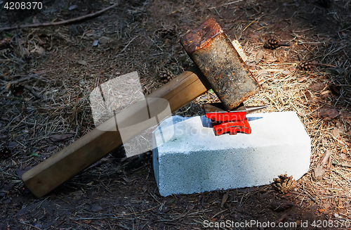 Image of Toy Small Anvil And Huge Rusty Hammer