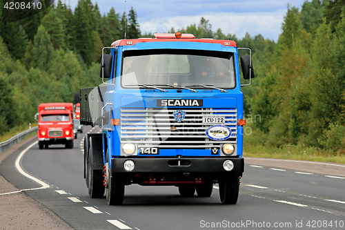 Image of Classic Blue Scania 140 Tipper Truck on the Road