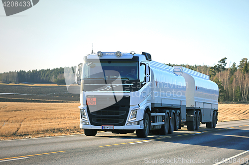 Image of White Volvo FH Fuel Tank Truck on Spring Evening