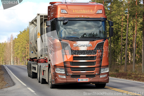 Image of Next Generation Scania S730 Semi on the Road Up Front