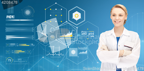 Image of happy doctor over blue background and charts