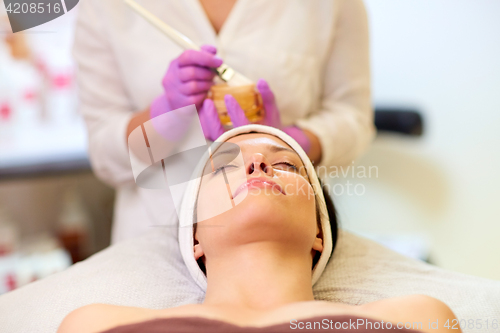 Image of beautician applying facial mask to woman at spa