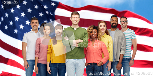 Image of happy international people over american flag