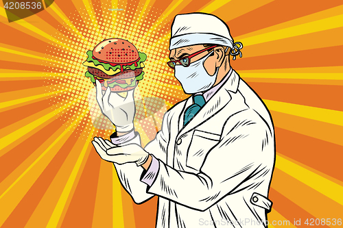 Image of Scientist nutritionist and Burger fast food